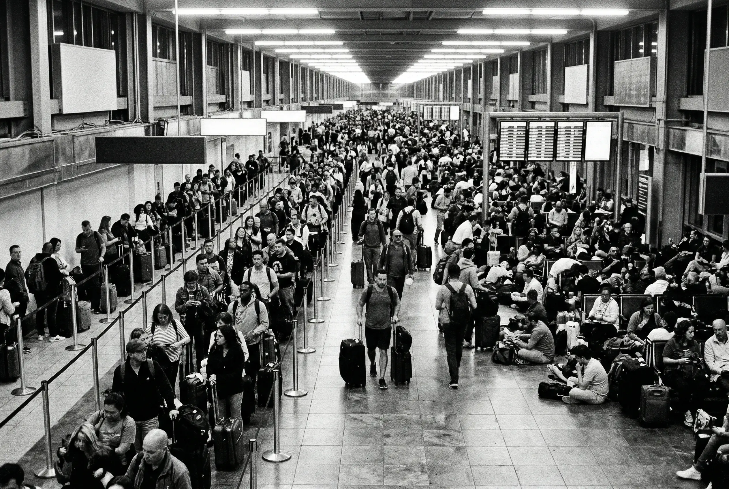 Crowded commercial airport terminal with long security queues